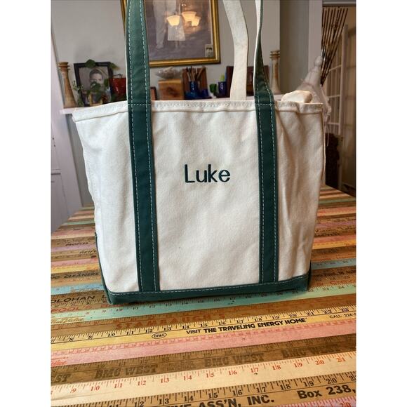 L.L. Bean Boat Tote Green Canvas Bag M Long Handles Zip Top USA “Luke” Monogram - Picture 4 of 16